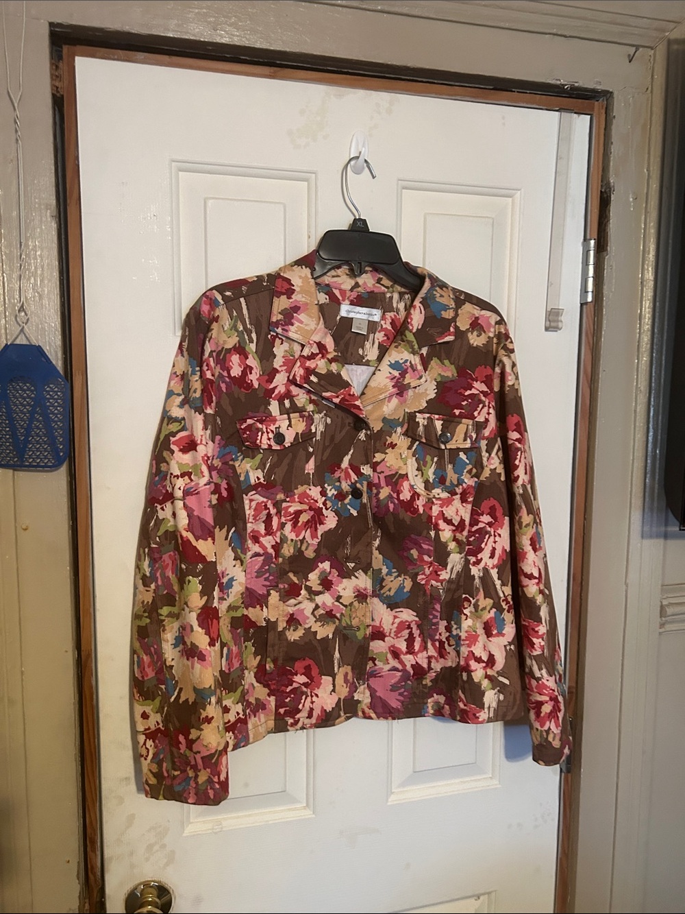 Christopher & Banks Floral Brown Jean Jacket with Pink, Brown, Green and Blue